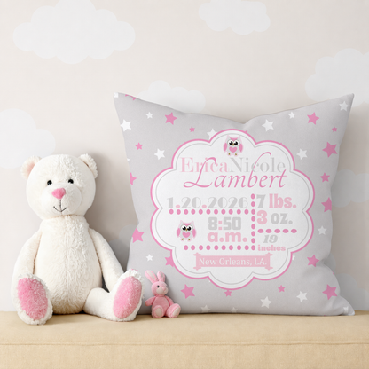 Personalized Baby Girl Birth Stats Pillow, Owl
