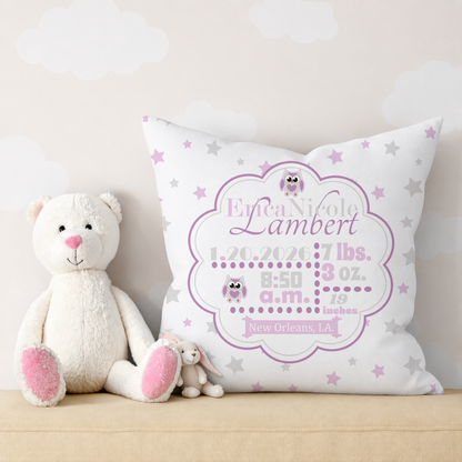 Personalized Baby Girl Birth Stats Pillow, Owl