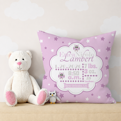 Personalized Baby Girl Birth Stats Pillow, Owl