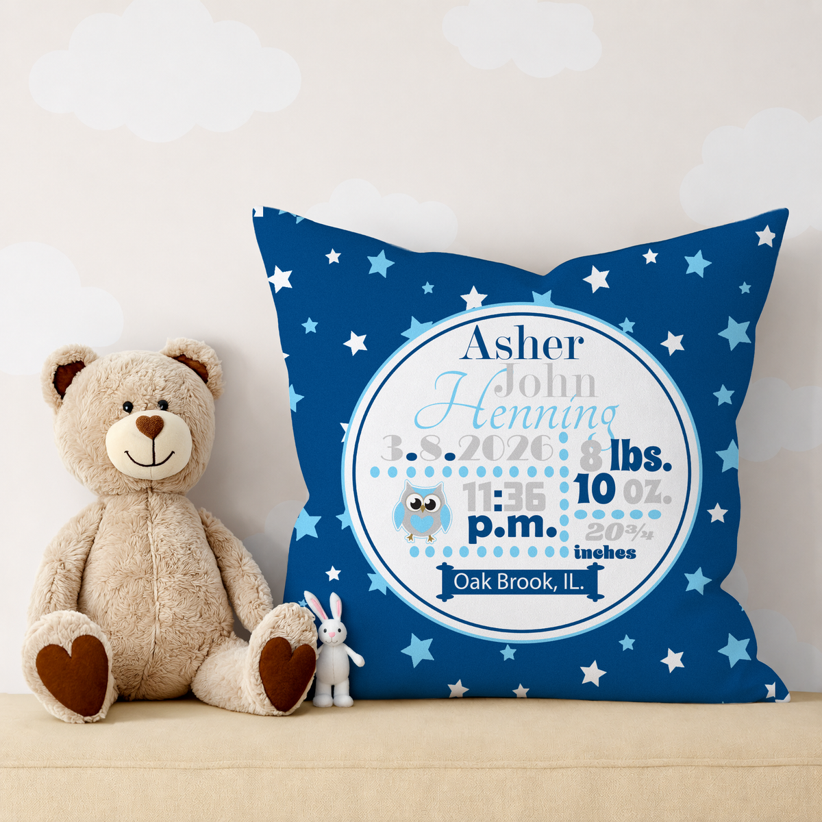 Personalized Baby Boy Birth Stats Pillow, Owl