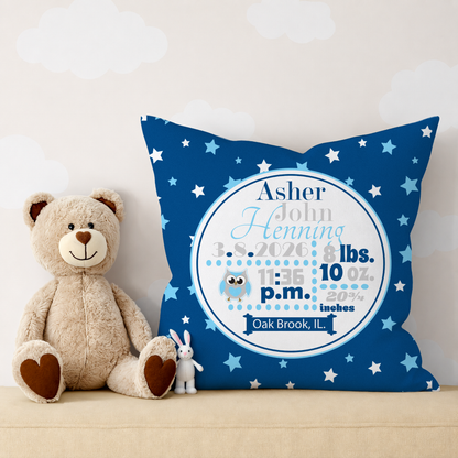 Personalized Baby Boy Birth Stats Pillow, Owl