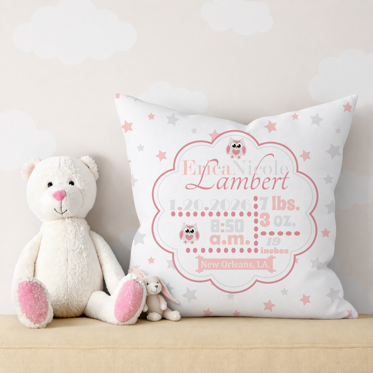 Personalized Baby Girl Birth Stats Pillow, Owl