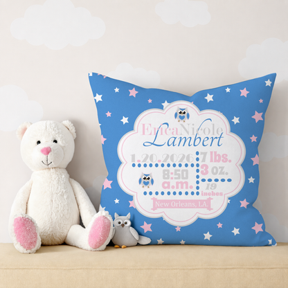 Personalized Baby Girl Birth Stats Pillow, Owl