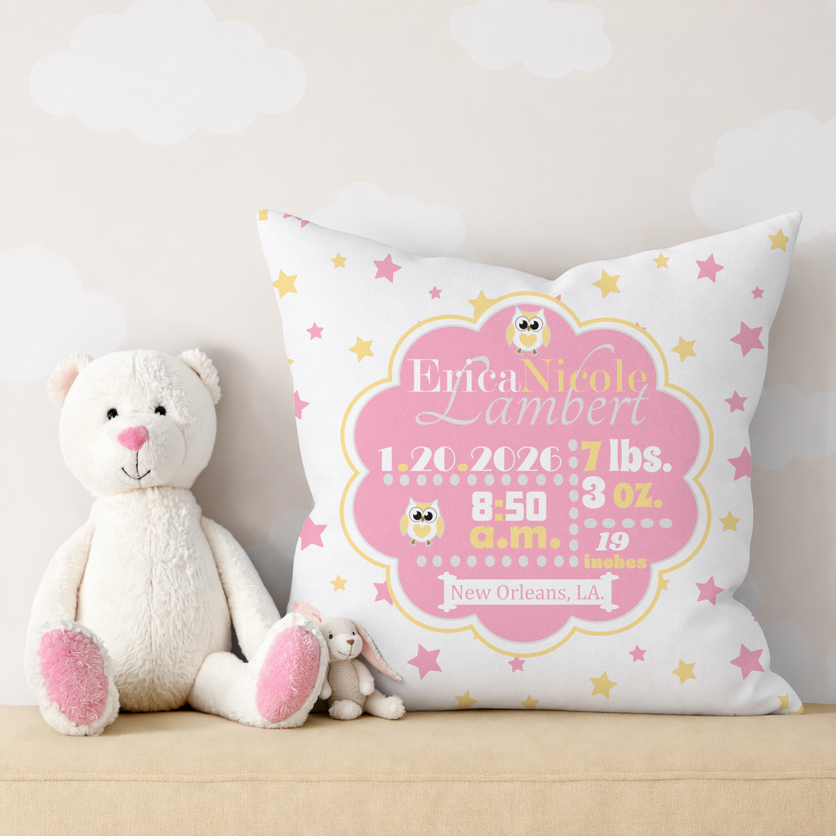 Personalized Baby Girl Birth Stats Pillow, Owl