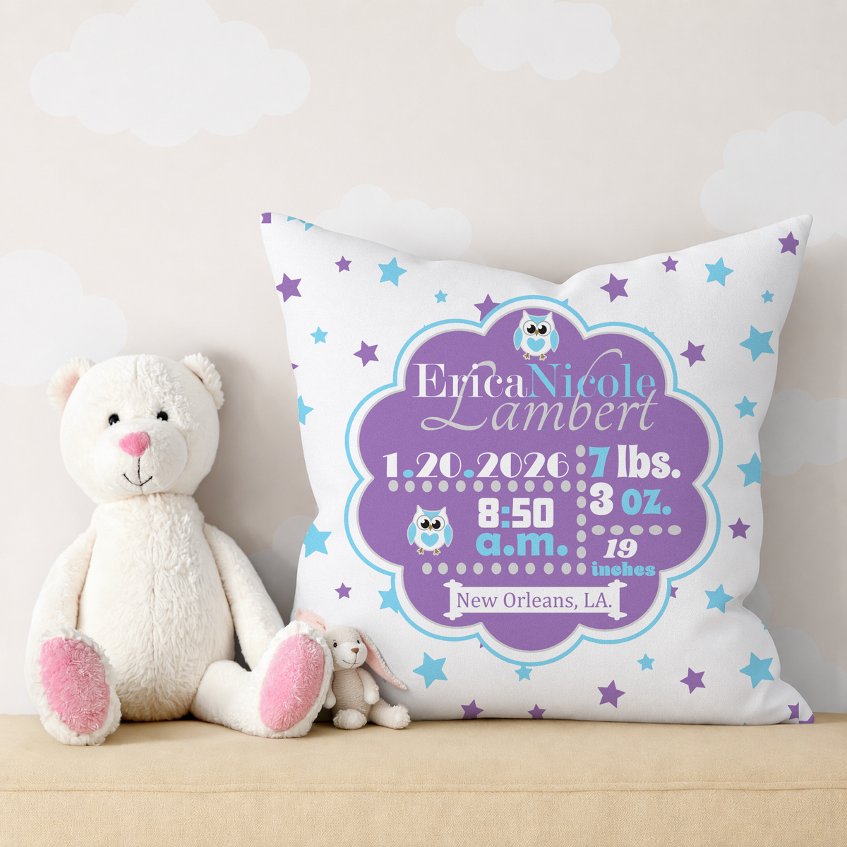 Personalized Baby Girl Birth Stats Pillow, Owl