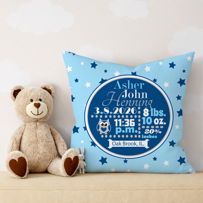 Personalized Baby Boy Birth Stats Pillow, Owl