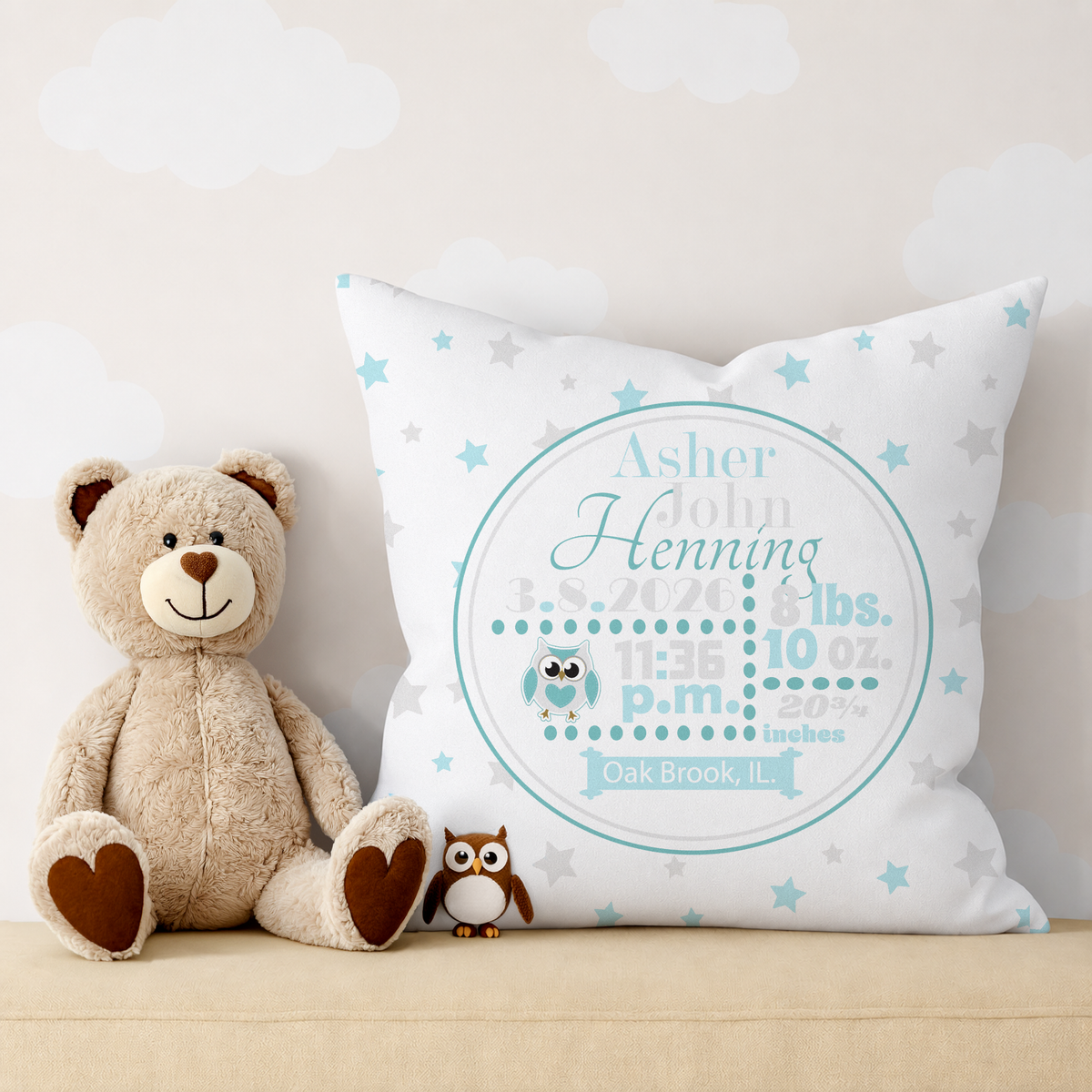 Personalized Baby Boy Birth Stats Pillow, Owl
