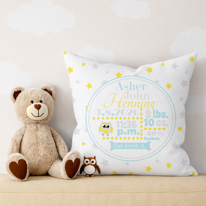 Personalized Baby Boy Birth Stats Pillow, Owl