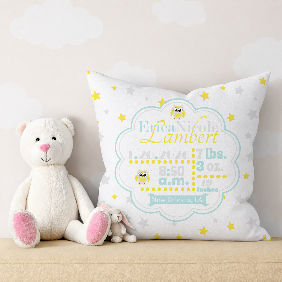 Personalized Baby Girl Birth Stats Pillow, Owl