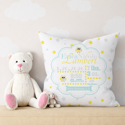 Personalized Baby Girl Birth Stats Pillow, Owl