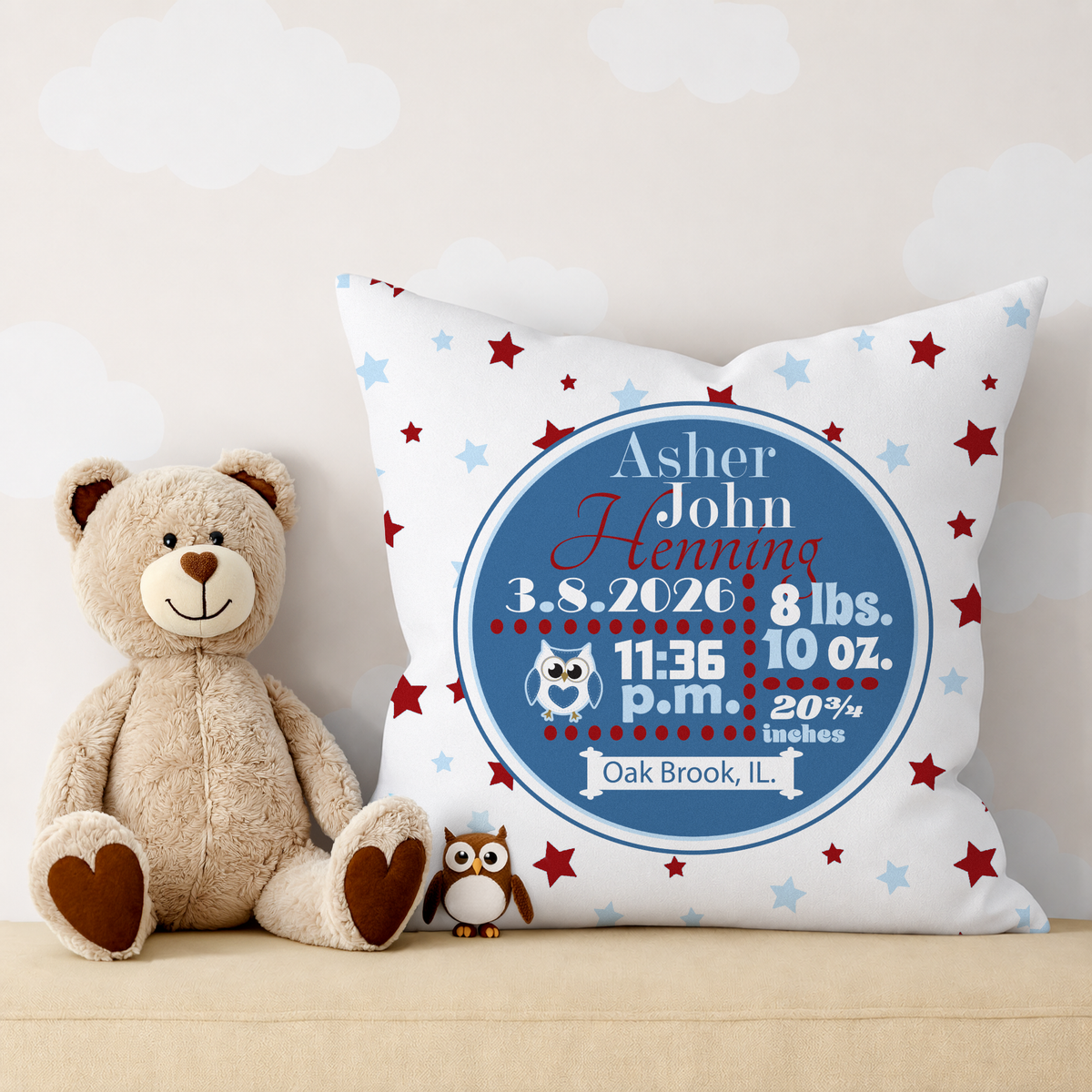 Personalized Baby Boy Birth Stats Pillow, Owl