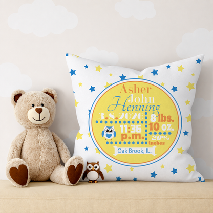 Personalized Baby Boy Birth Stats Pillow, Owl