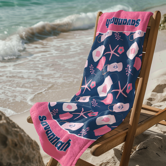 Nautical Beach Towel, Pink & Navy Seashells