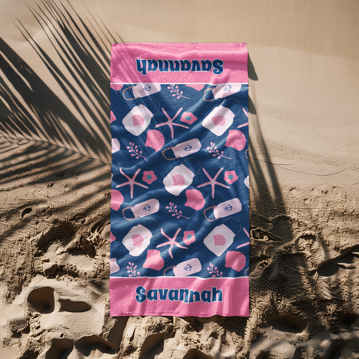 Nautical Beach Towel, Pink & Navy Seashells