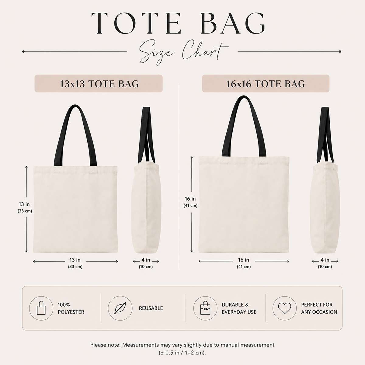 Tote bag size chart with measurements and features on a white background