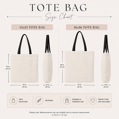 Tote bag size chart with measurements and features on a white background